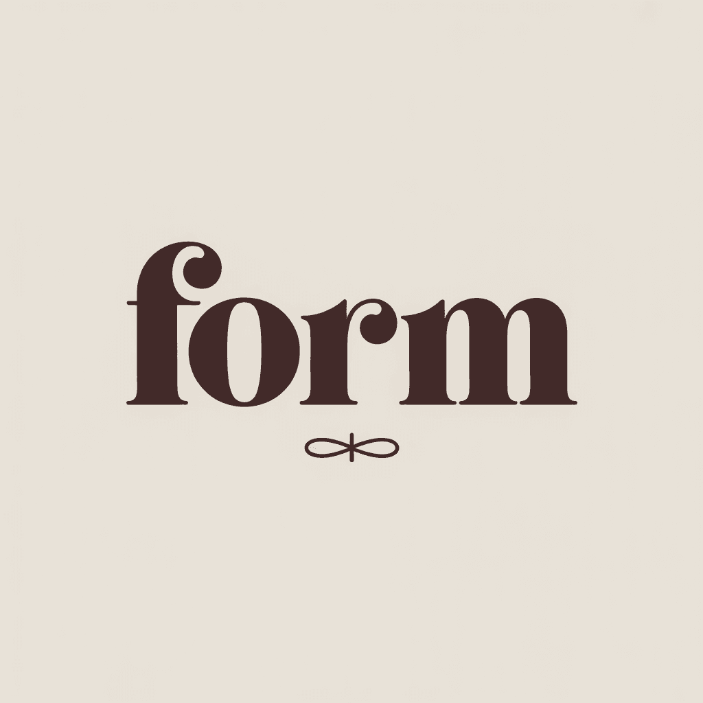 Brand identity hero: 'FORM' wordmark in rounded geometric sans-serif on cream stationery.
