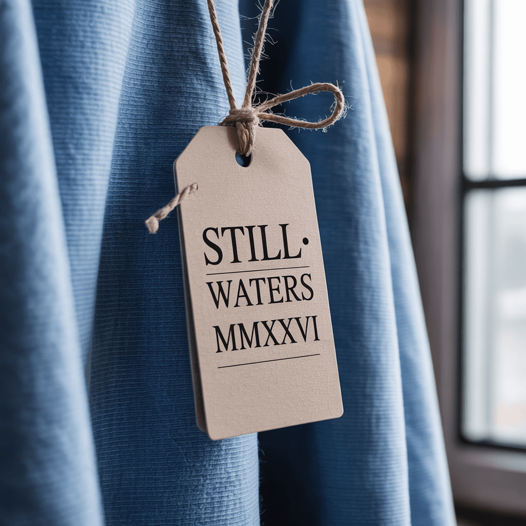 Streetwear hangtag mockup: 'STILL · WATERS · MMXXVI' in clean serif on a fabric tag.