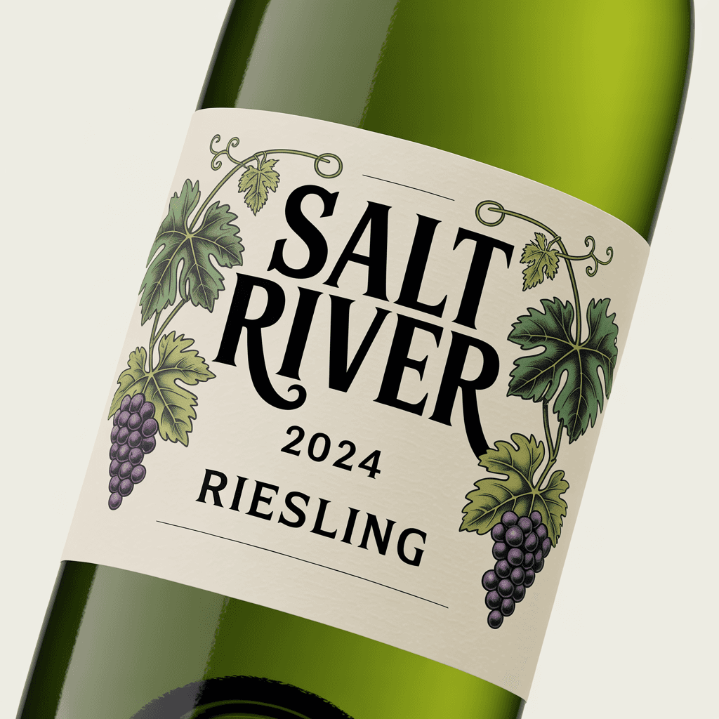 Wine label for Salt River 2024 Riesling on a green glass bottle.