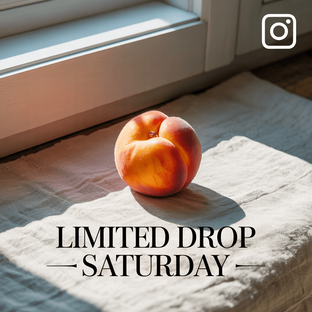 Instagram ad with a ripe peach on linen and 'limited drop · saturday' typography.