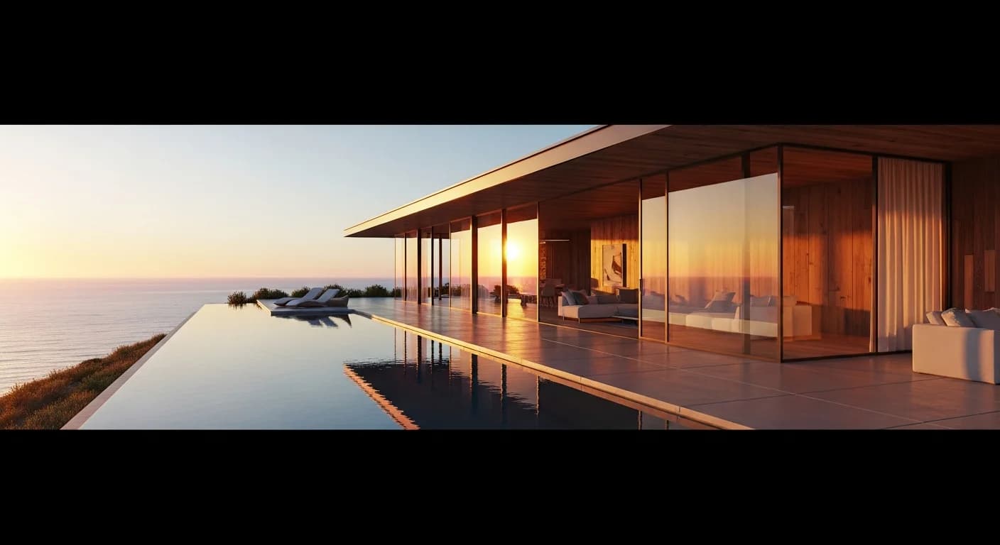 Architectural visualization of a modernist clifftop house at golden hour with infinity pool.