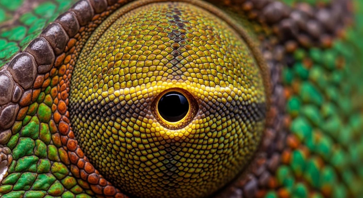 Macro photograph of a chameleon's eye, every scale crisply rendered.