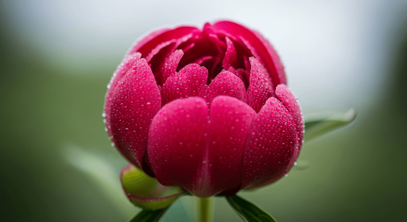 Macro photograph of a single peony blossom mid-bloom with morning dew.