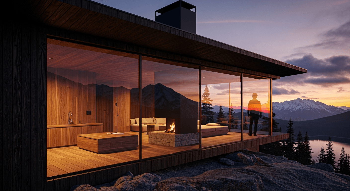 Architectural visualization of a Japanese minimalist mountain cabin at sunset.