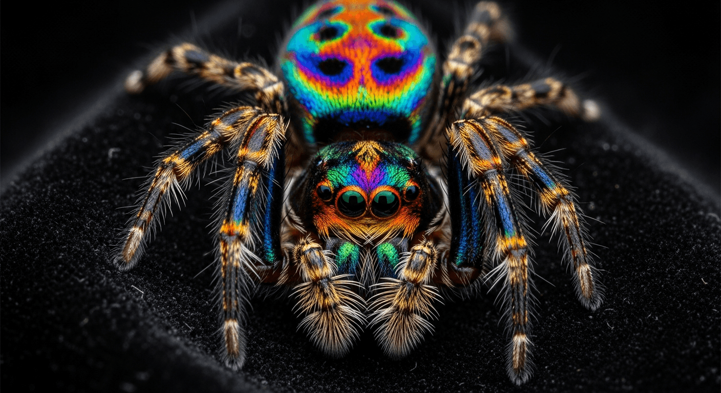 Photoreal close-up of an iridescent peacock spider's fluorescent abdomen.