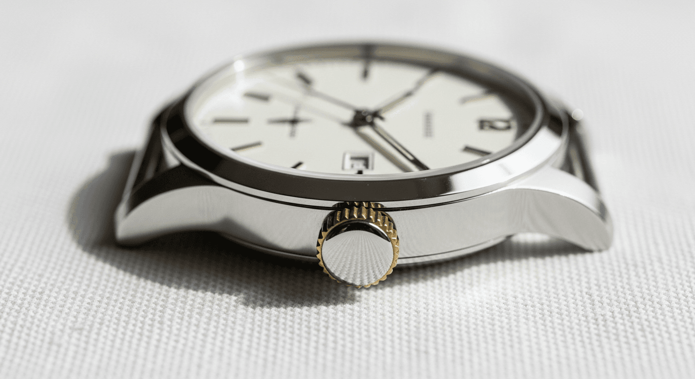 Hero product shot of a chrome wristwatch on white linen.