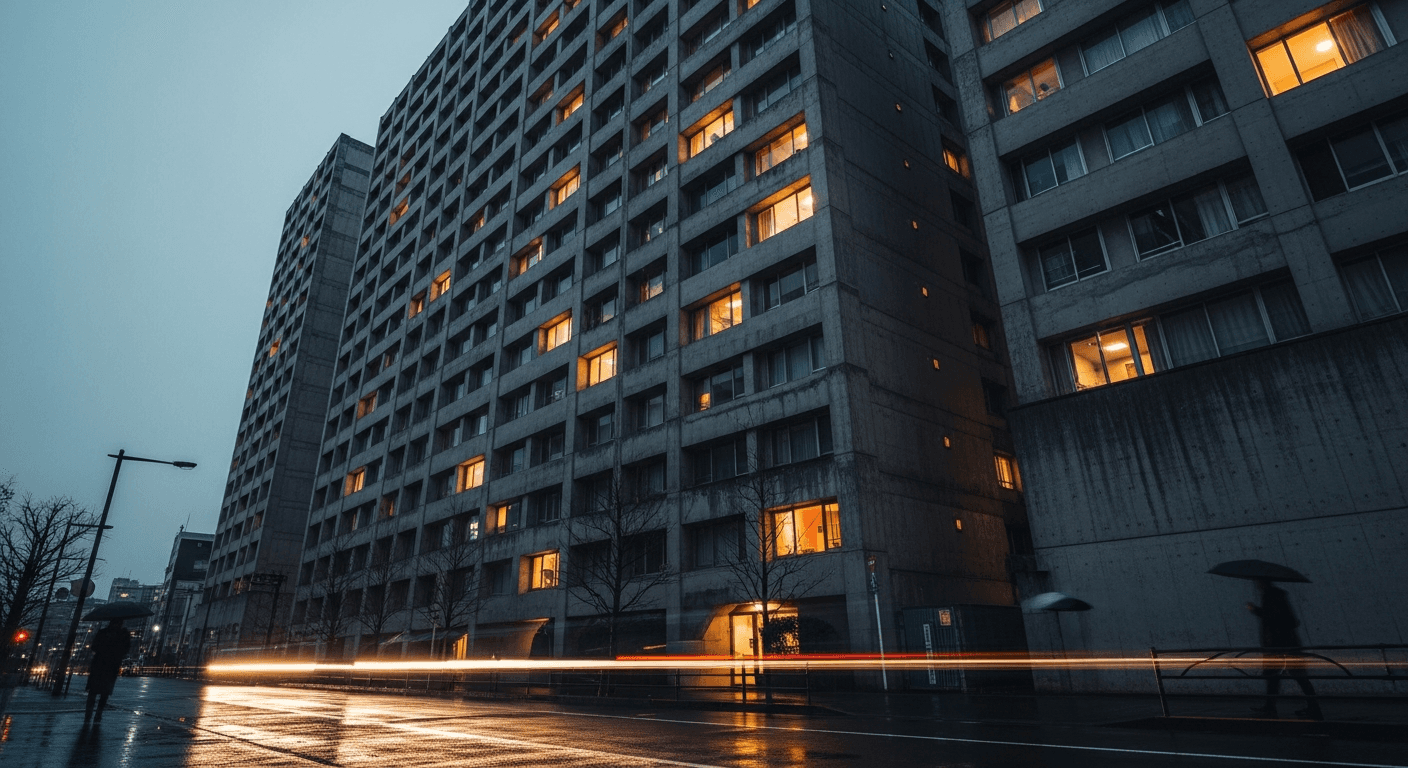 Architectural visualization of a brutalist Tokyo apartment block at dusk.