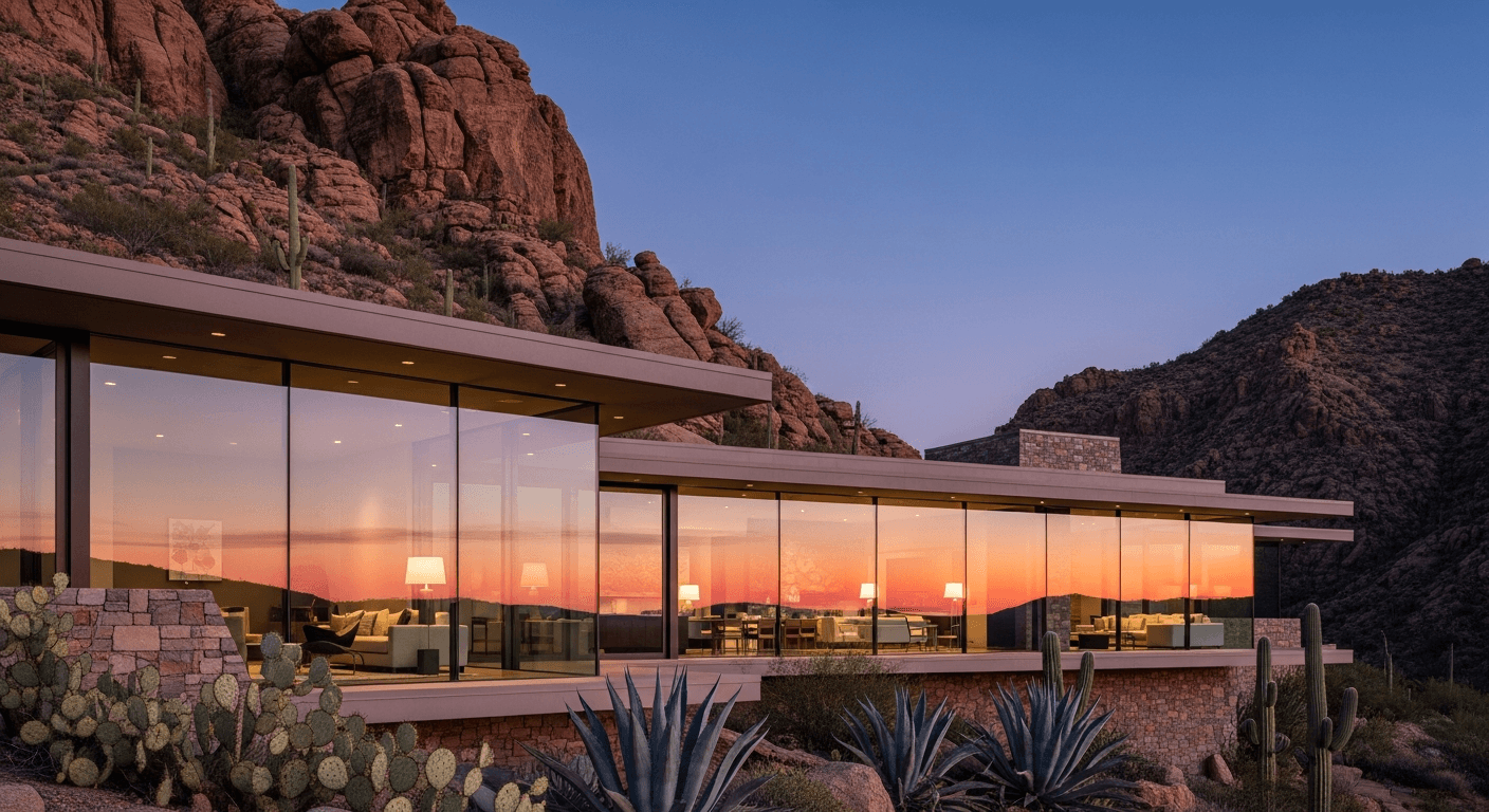 Cinematic real-estate hero of a modernist desert canyon house at twilight.