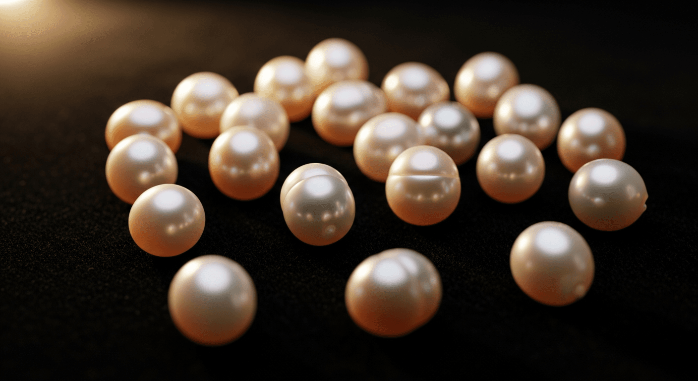 Macro of fresh-water pearls scattered on dark velvet.