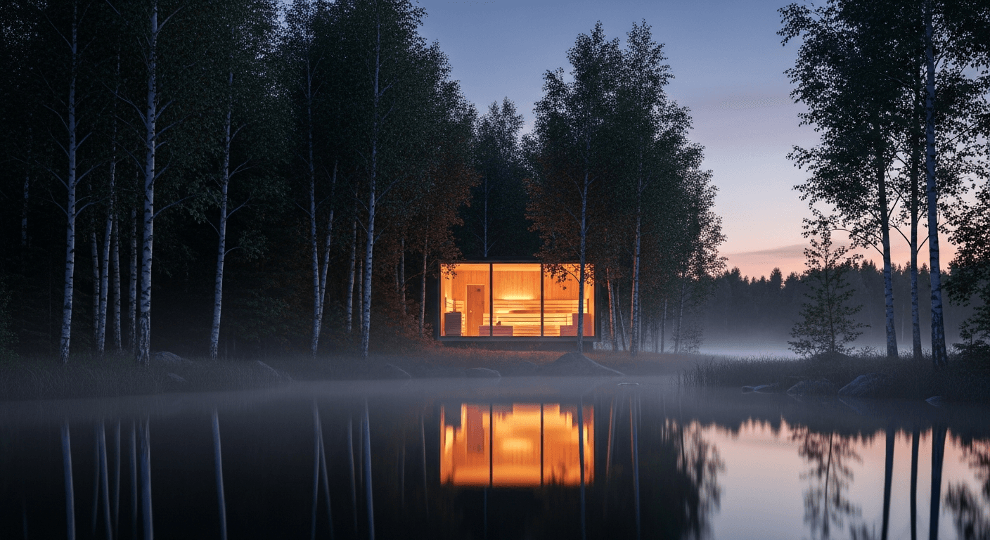 Architectural visualization of a Scandinavian forest sauna at dusk reflected in a lake.