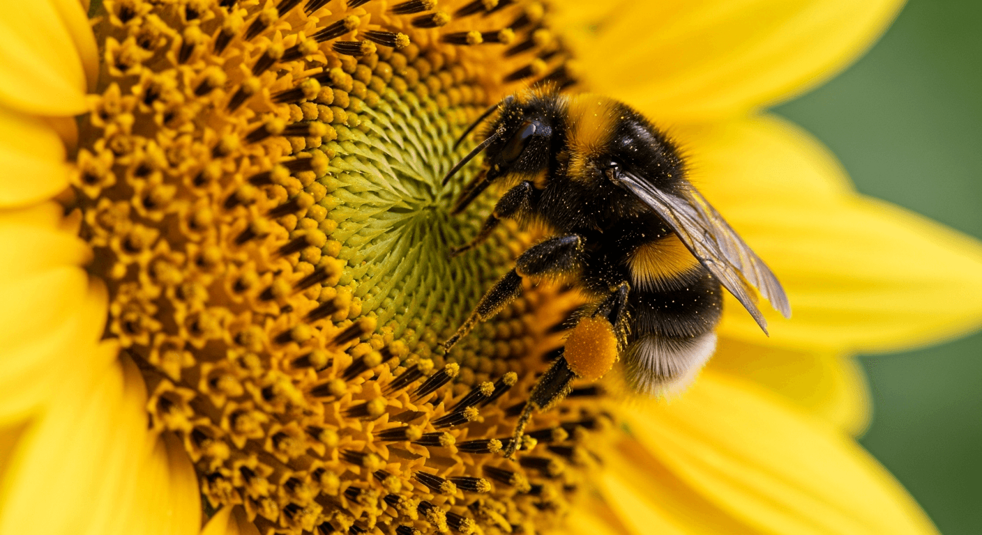 Macro of a single bumblebee on a sunflower with pollen on its legs.