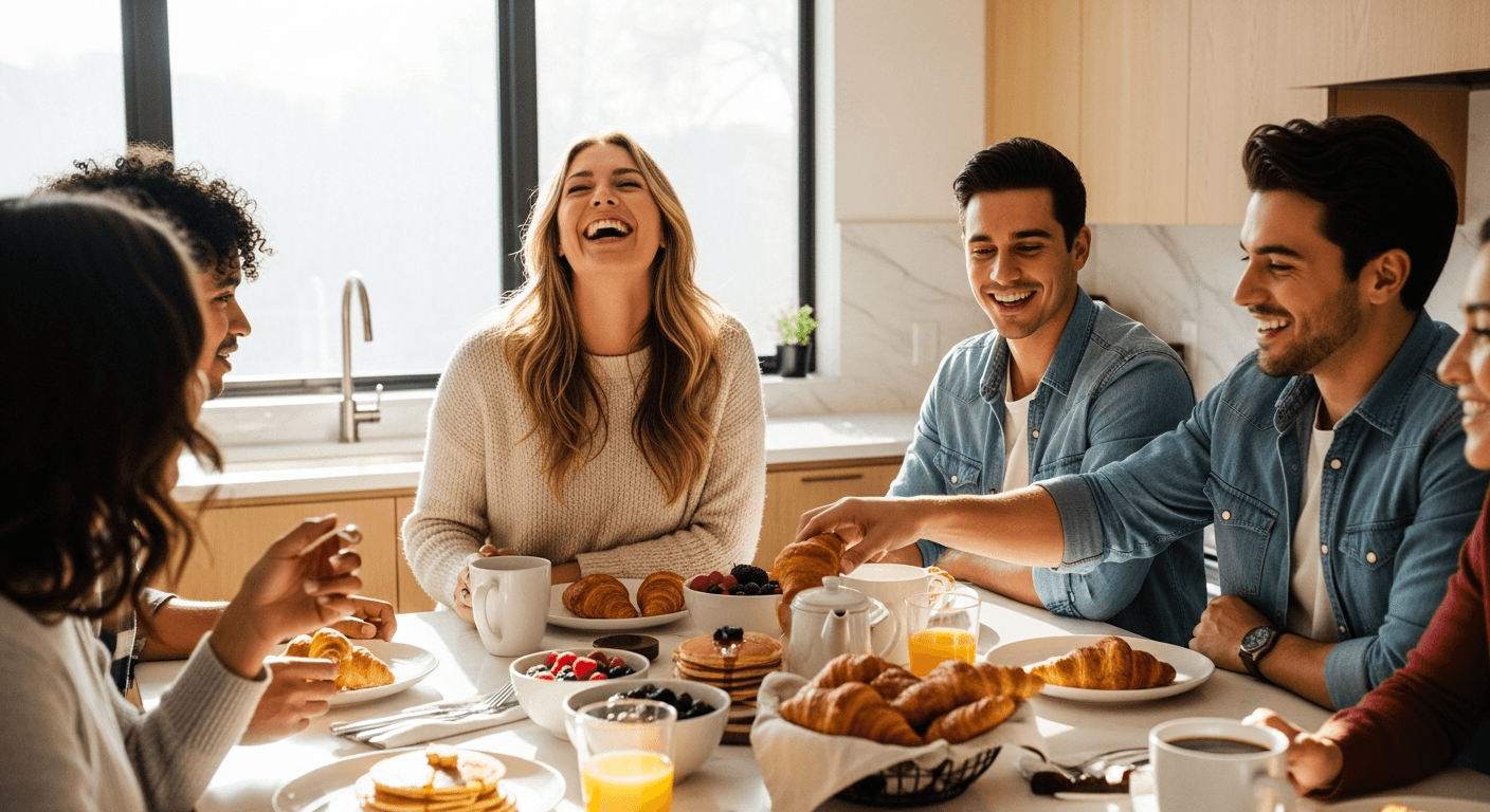 Lifestyle photo of friends sharing breakfast at a sunlit kitchen island.