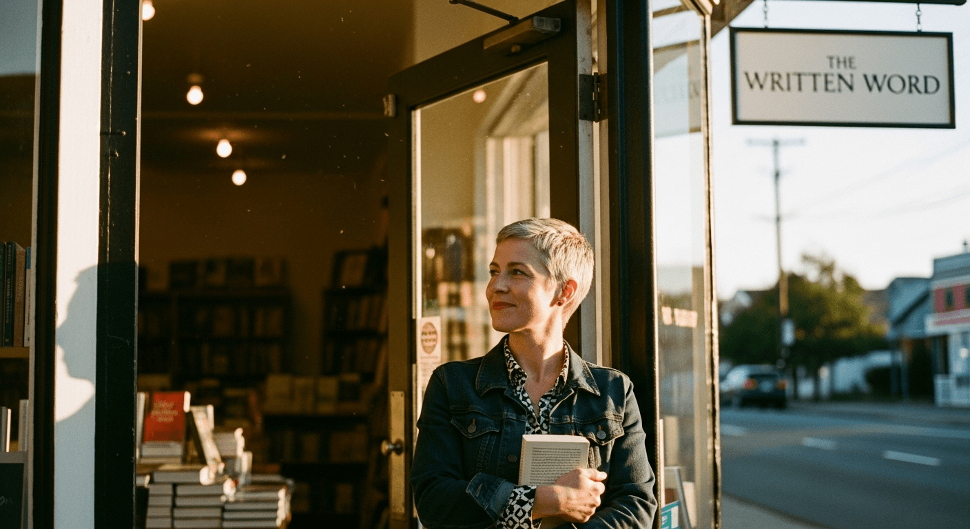 Editorial photograph of a bookstore owner at the doorway at golden hour.