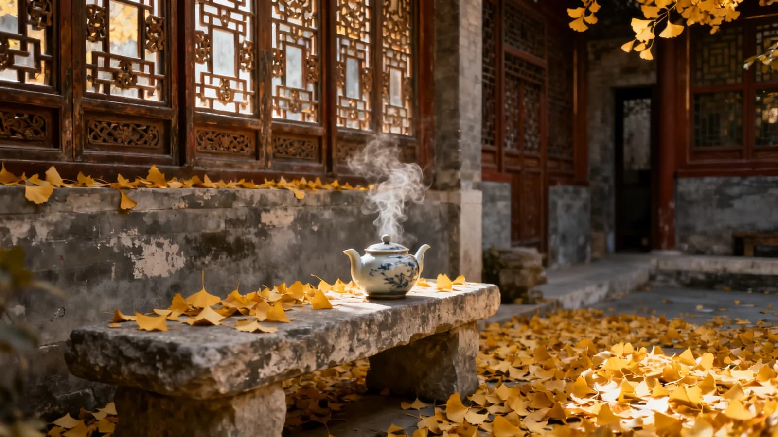 Editorial photograph of a traditional Beijing siheyuan courtyard in late autumn.
