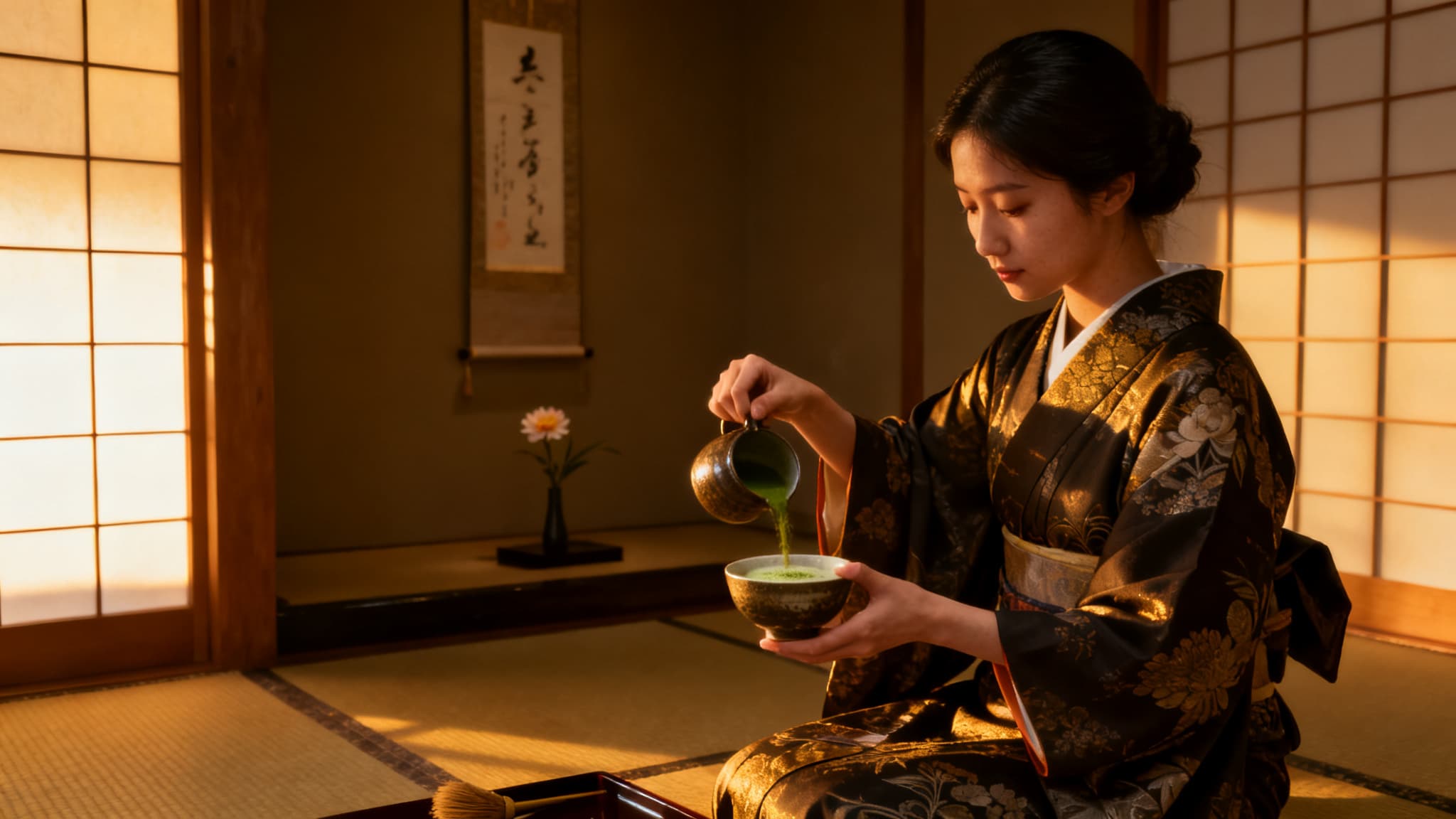 Editorial photograph of a Kyoto tea ceremony at dawn with a young woman in a kimono.
