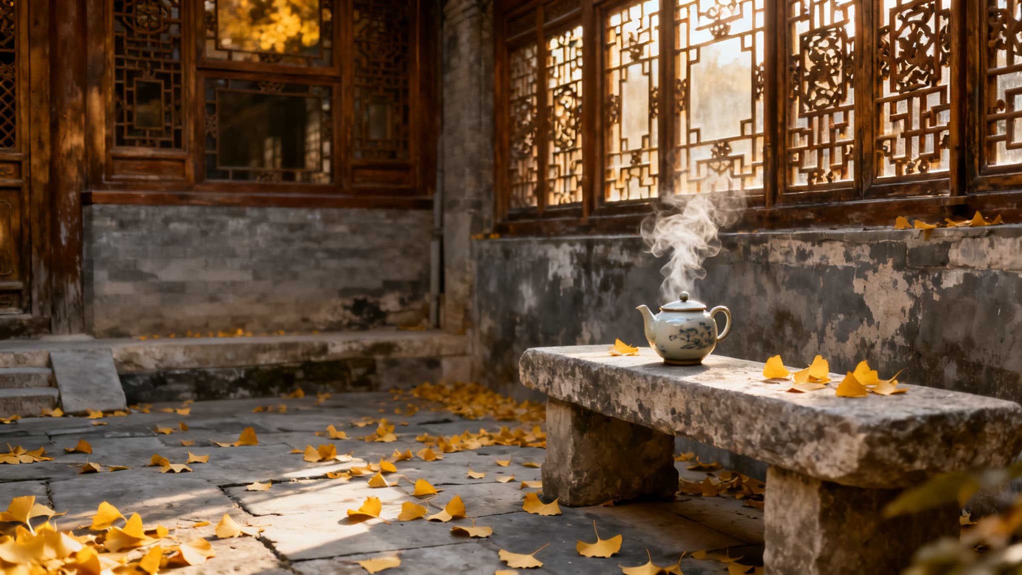 Beijing siheyuan courtyard in late autumn with golden ginkgo leaves.