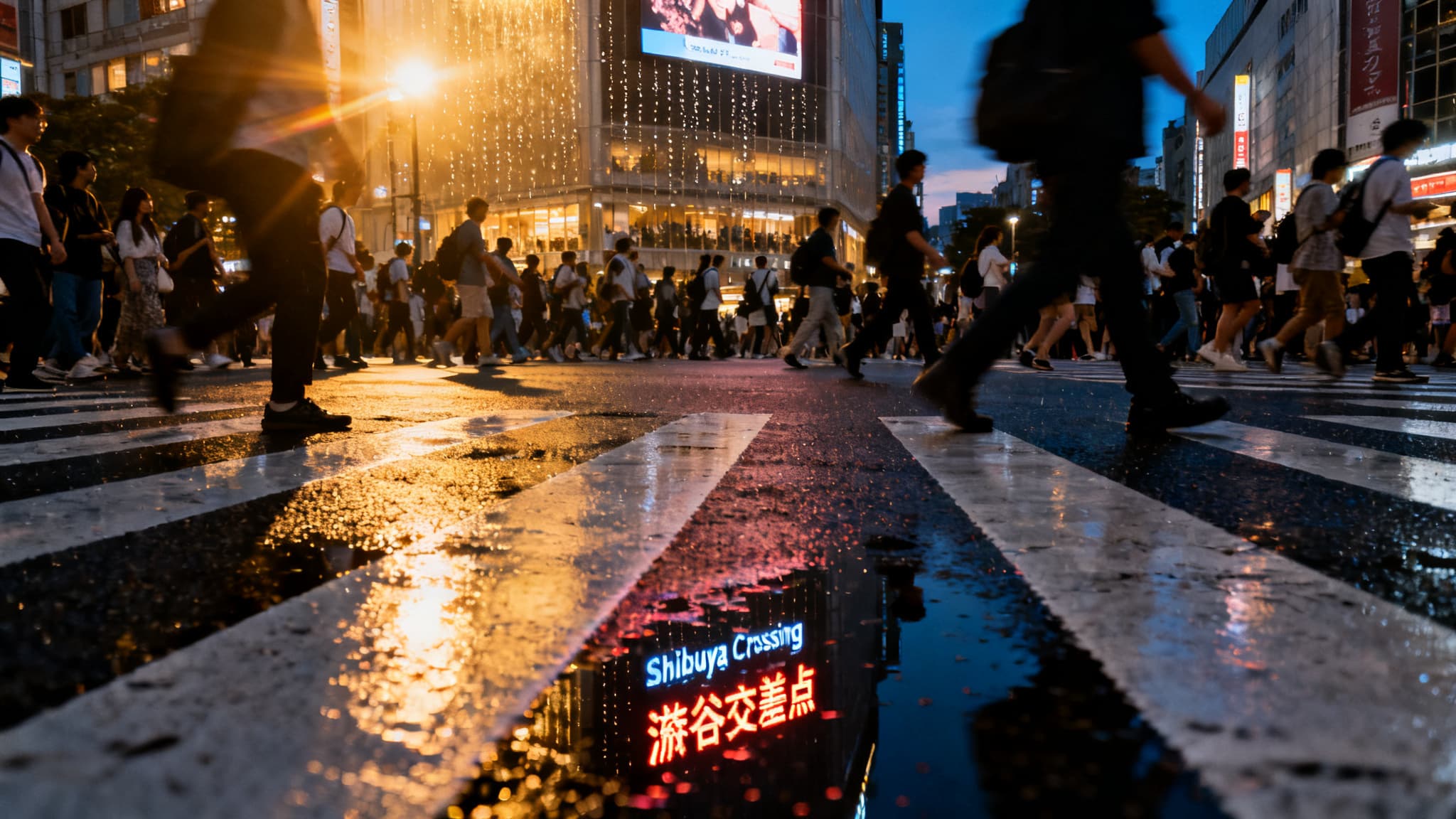 Editorial street photograph of Shibuya crossing at dusk with neon kanji reflected in pavement.