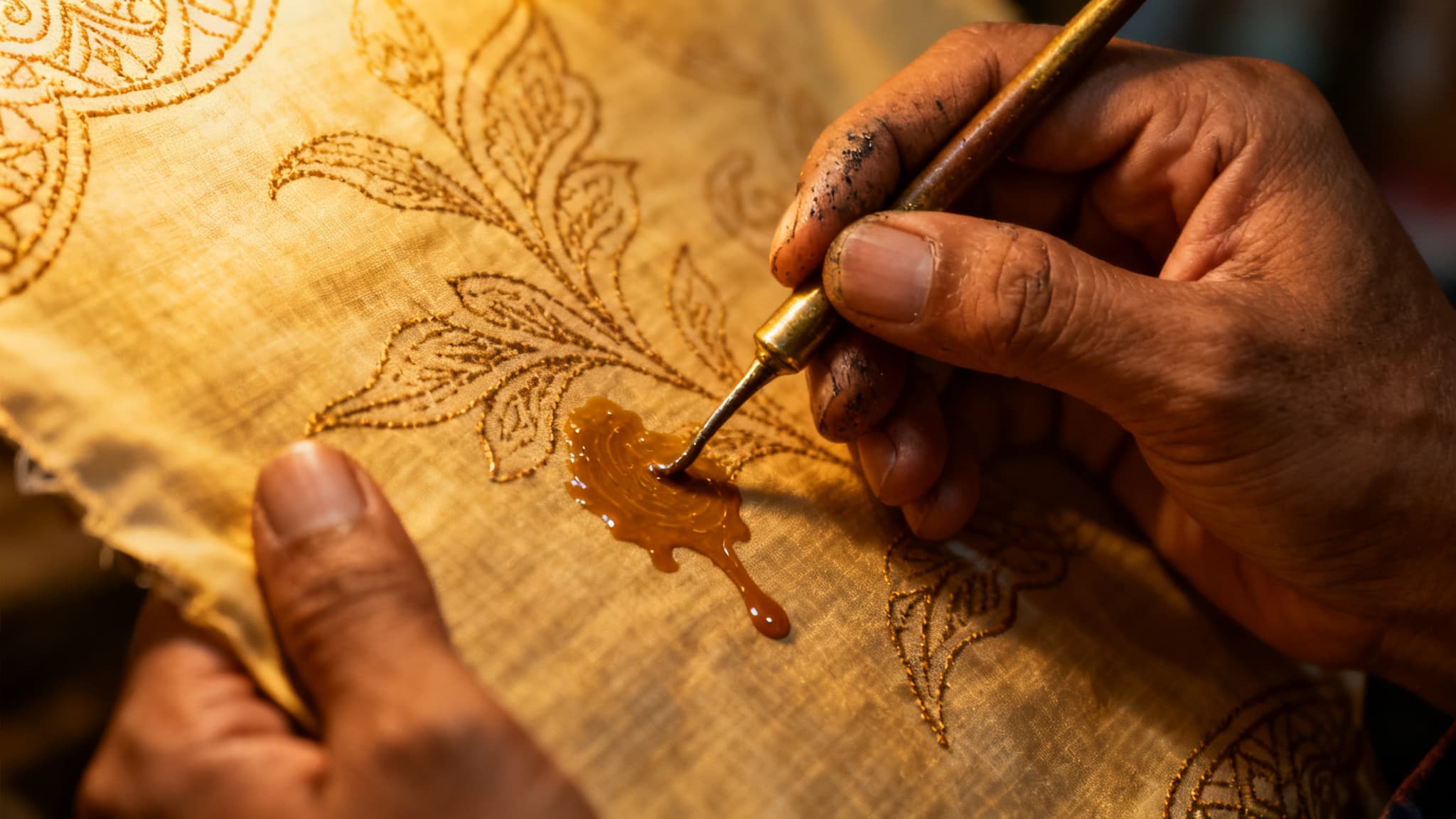 Indonesian batik artisan close-up applying wax with a canting tool.