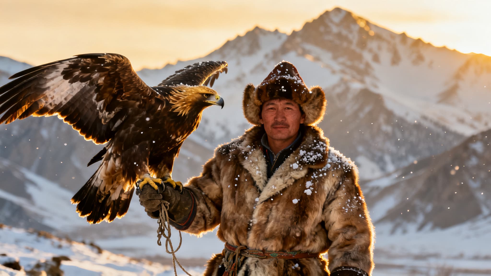 Editorial portrait of a Mongolian eagle hunter in deep winter furs.