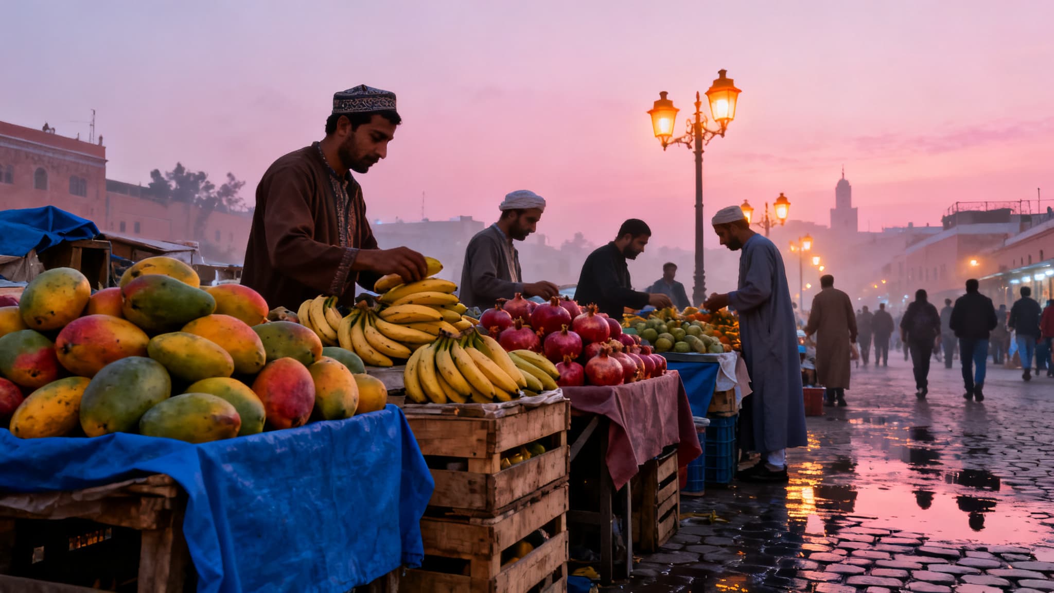 Bombay editorial street scene at dawn with a fruit market setting up.