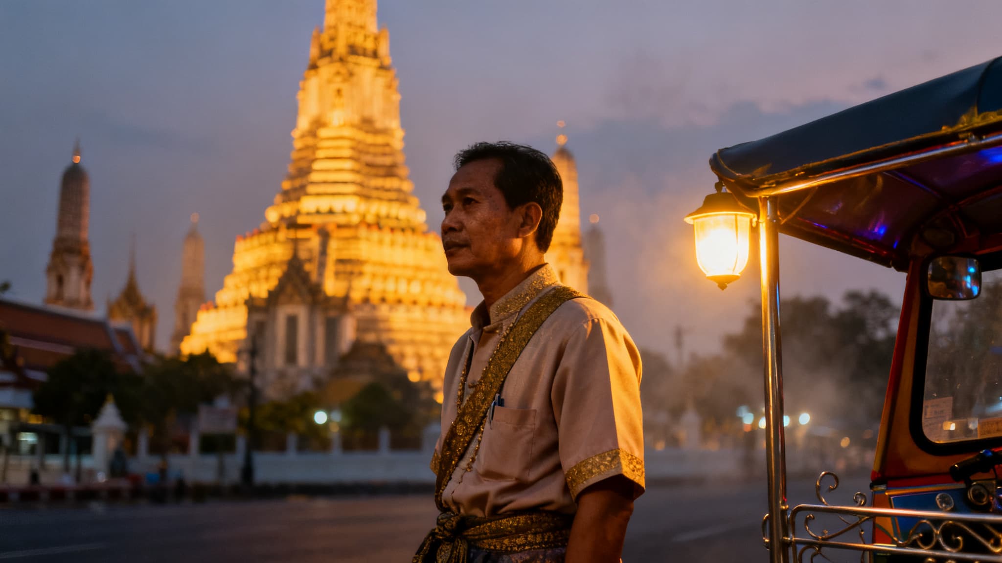 Editorial portrait of a Bangkok tuk-tuk driver in front of a glowing Wat at dusk.