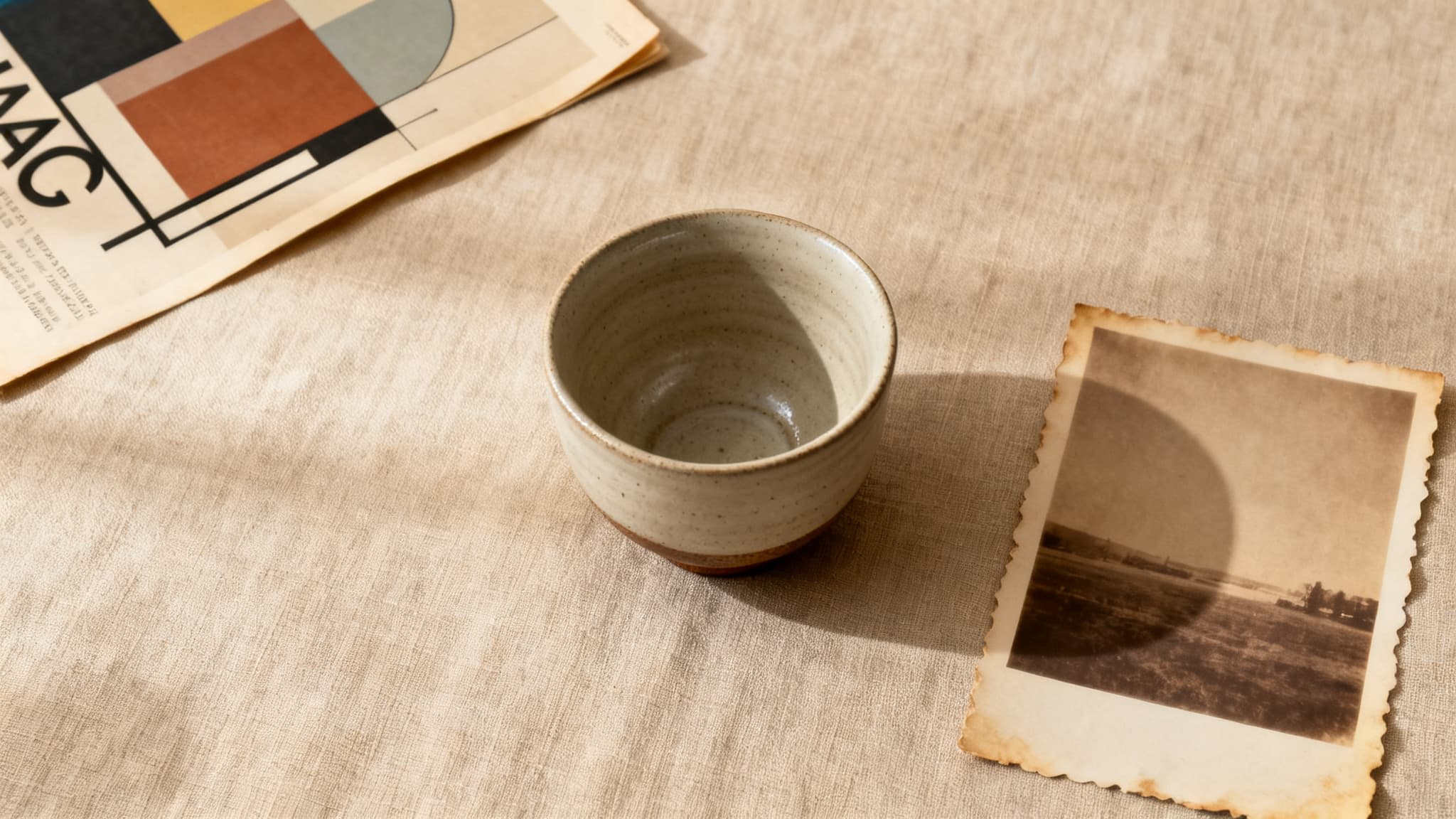 Editorial moodboard with ceramic, poster fragment, and sepia photograph.