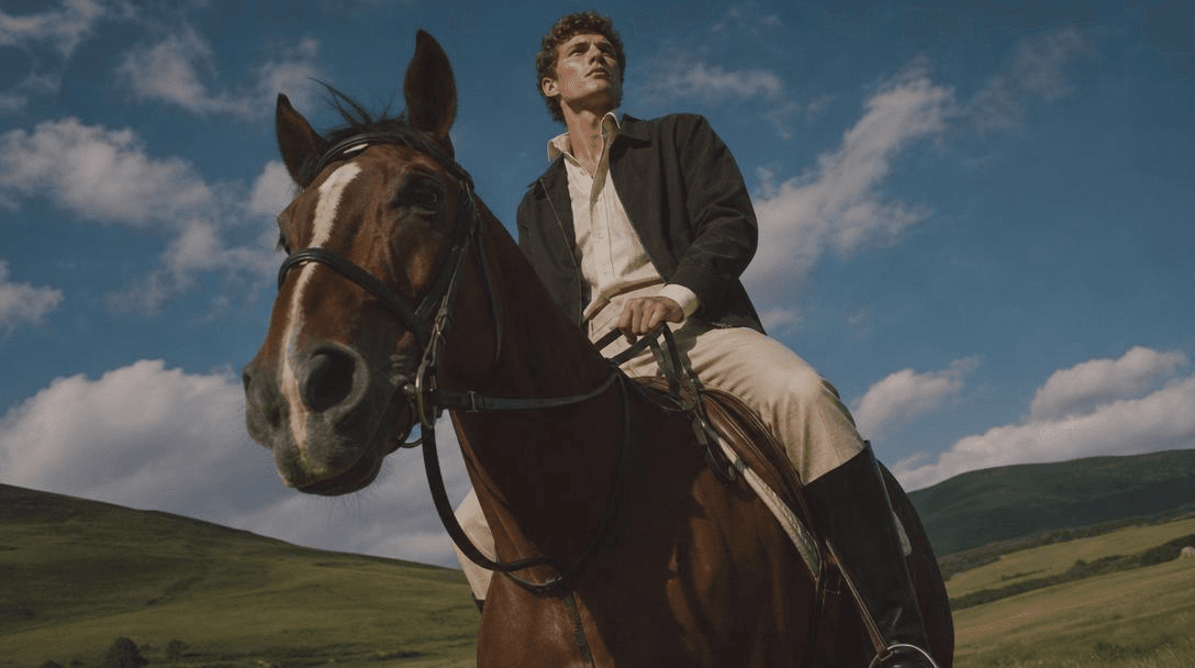 A man riding a horse through a lush green landscape