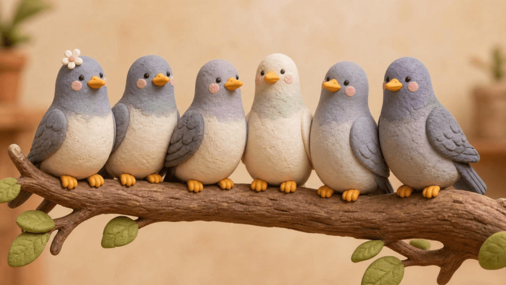 Row of six cute clay-style birds perched on a branch