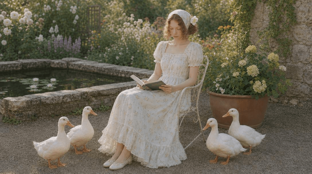 Woman seated in a garden surrounded by white geese